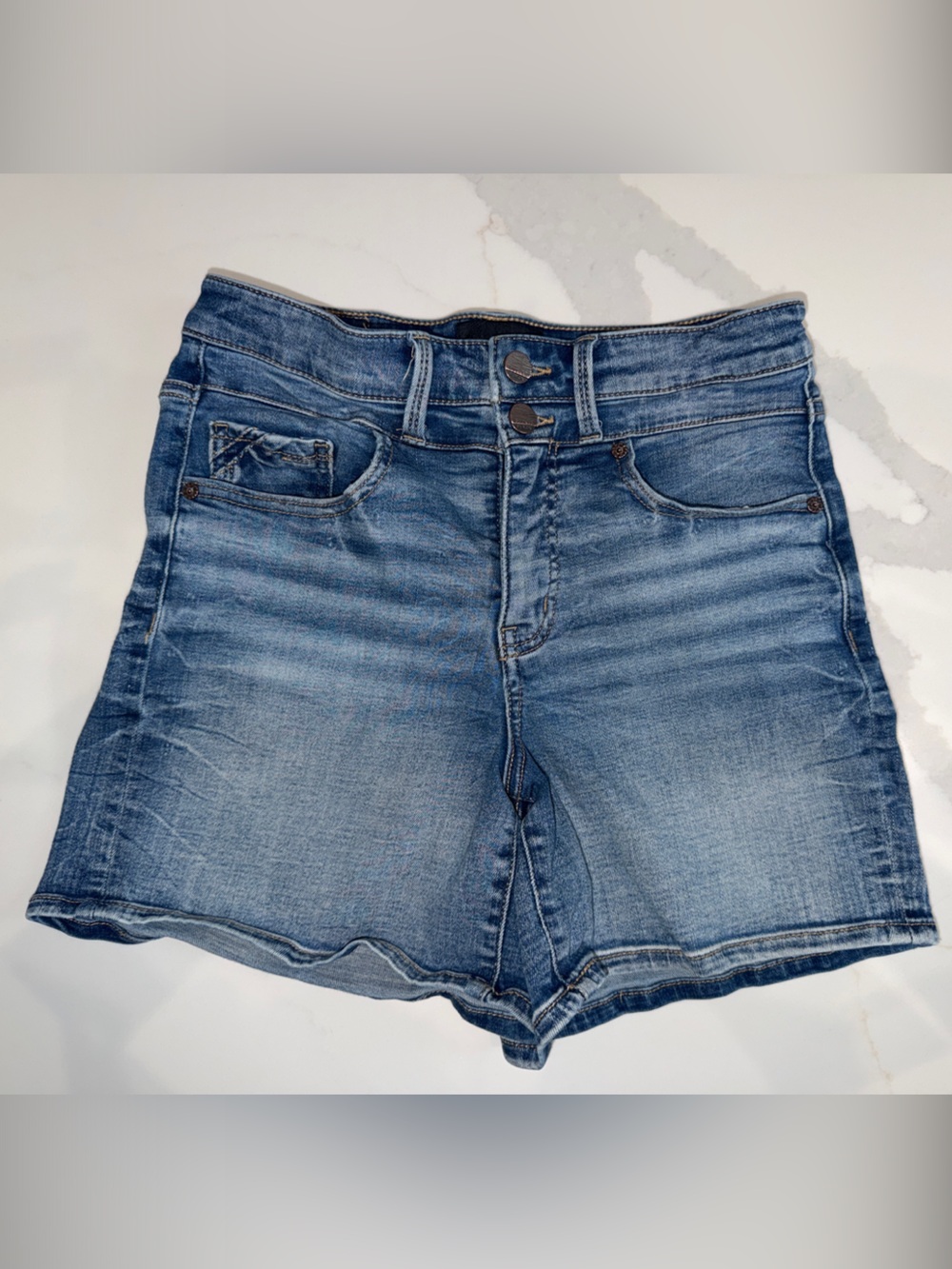 Buckle Black High-Waist Double Button Blue Denim Shorts Size 27